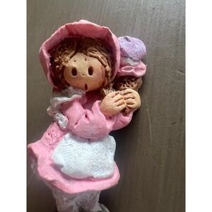 Vintage Cottagecore Girl Brooch Pink Bonnet Storybook Figurine Pin Ice Cream